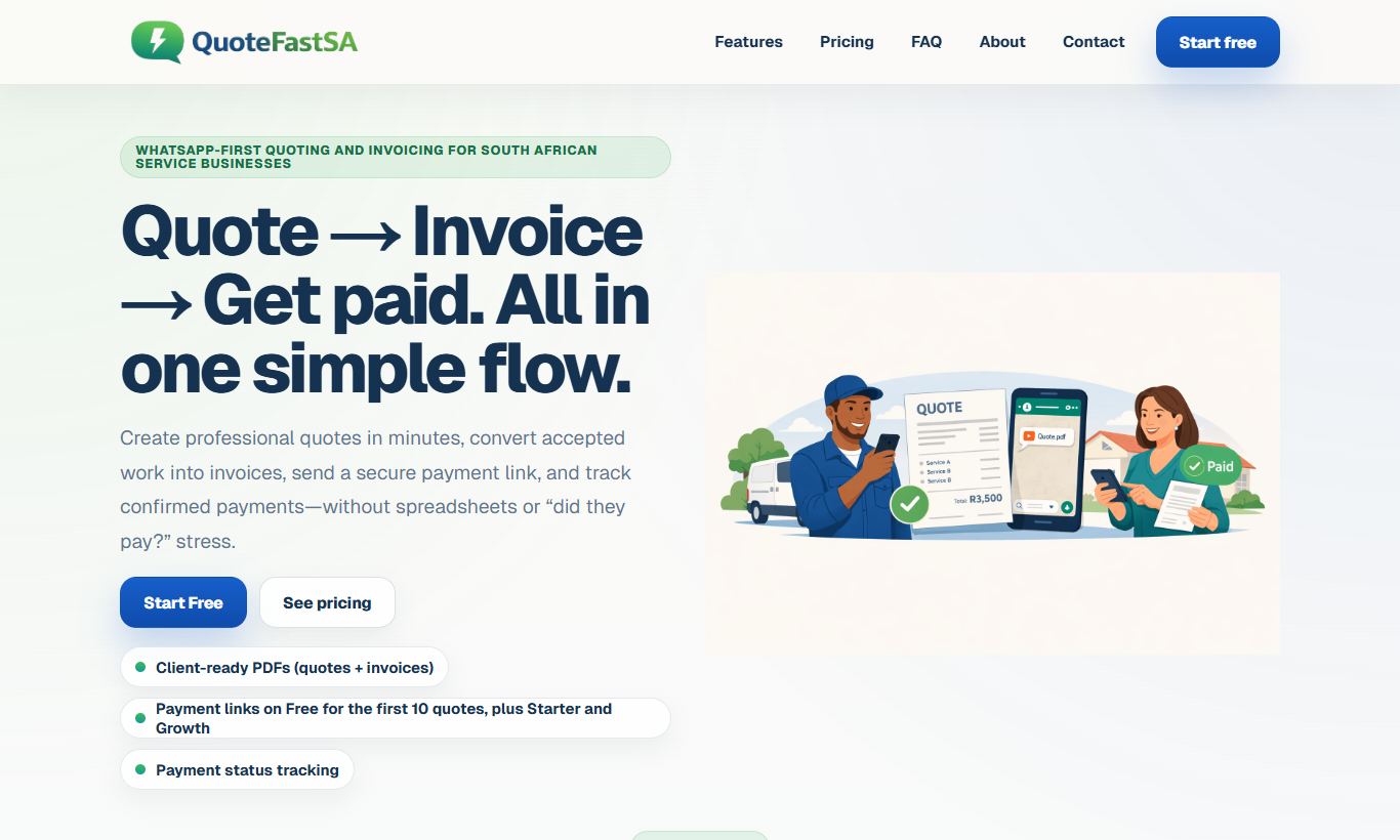 QuoteFast SA-produkwebwerf vir kwotasies en fakture